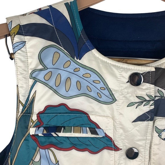 Tory Burch Piper Puffer Vest Floral Navy Reversible Quilted Down Filled Size 12 - Picture 4 of 15